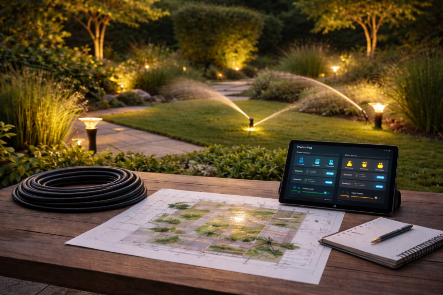 Gartenlandschaft mit Bewässerungssystem, Tablet und Plan auf einem Tisch.