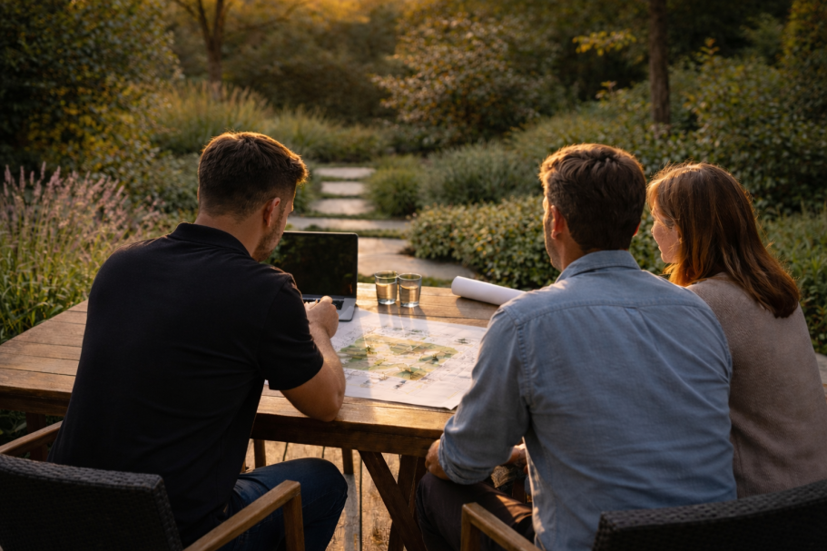 Drei Personen betrachten Pläne an einem Tisch in einem blühenden Garten bei Sonnenuntergang. Gartenberatung am Tisch