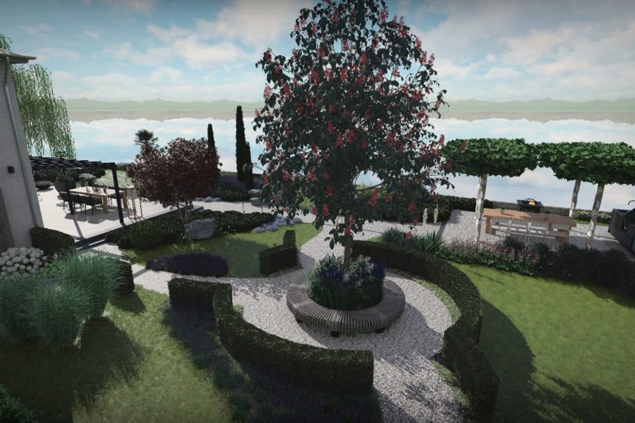 Gartenanlagen mit Bäumen, Sträuchern und dem Bodenseeufer im Hintergrund.